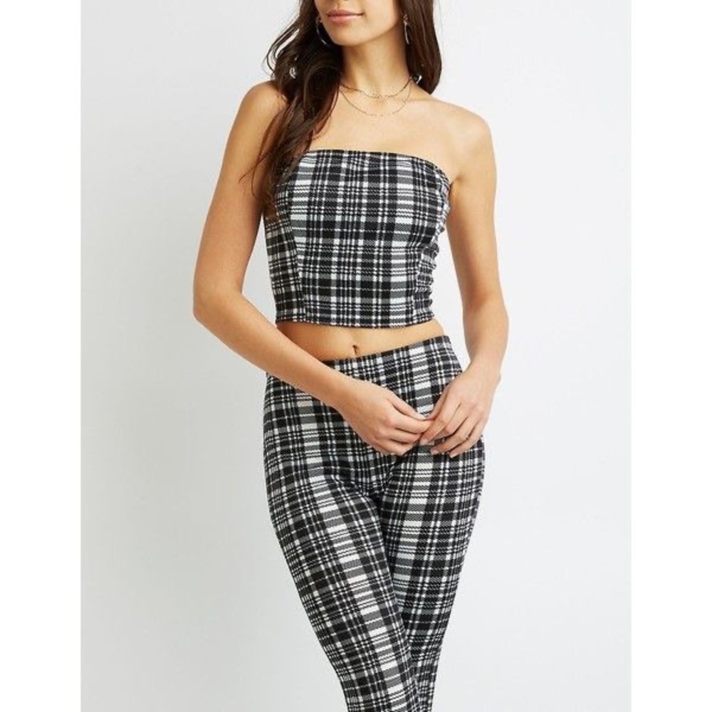 Charlotte Russe Black & White Strapless Plaid Cropped Tube Top Size XS